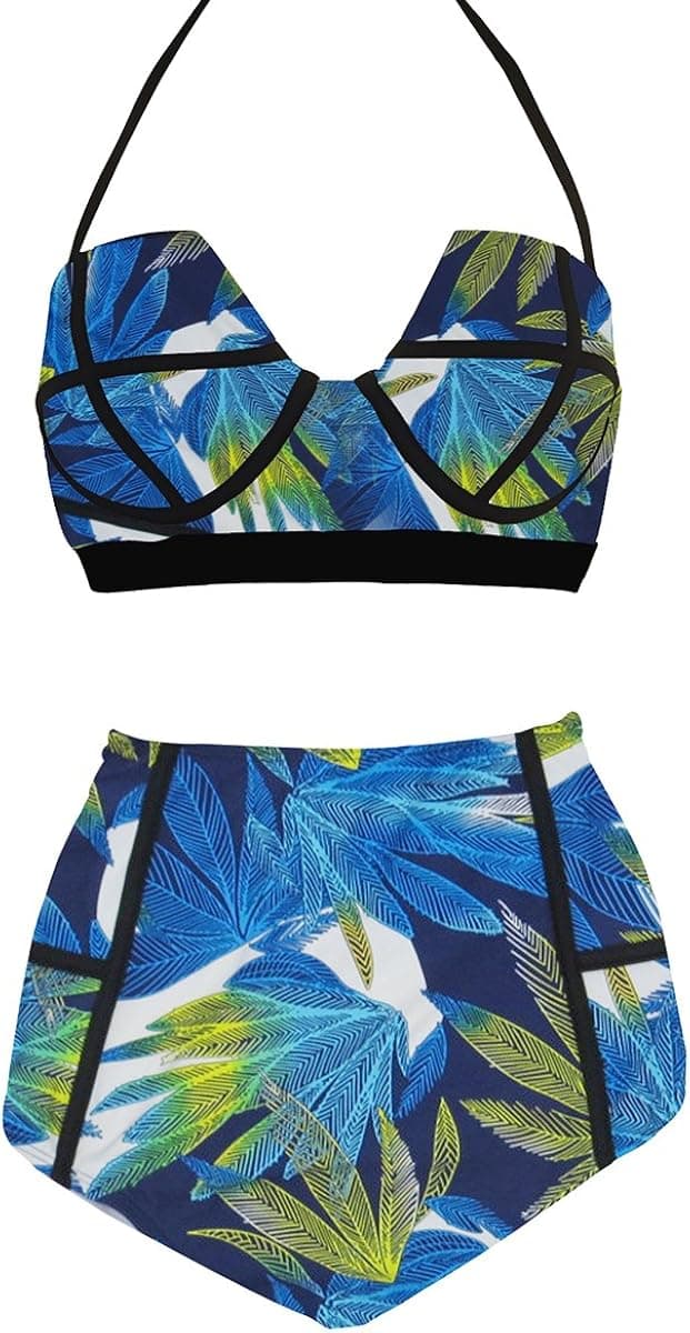 LA PLAGE Women's High Waist Floral Padded Bra Swimwear Size M US Leaf Cyan
