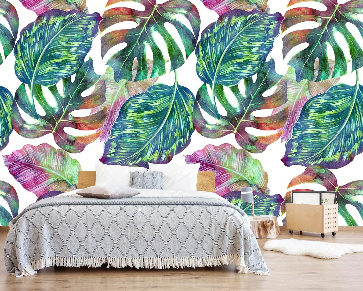 Bormia Tropical Wallpaper Watercolor Palm Monstera Leaf Wall Mural Rainforest Jungle Plants Wall Print for Bedroom Living Room Cafe Shop Entryway Theme Shop Cabinet (Not Self-Adhesive)