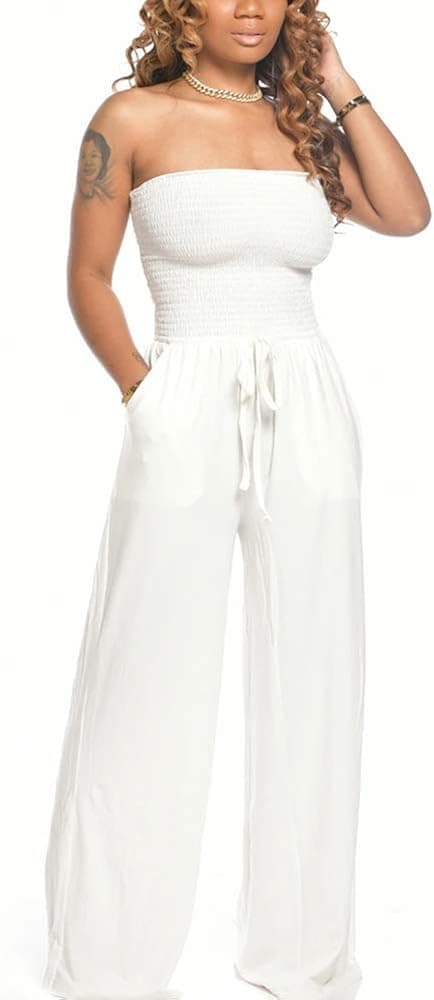 WUSENST Women's Off Shoulder Jumpsuit - Bandeau Strapless Wide Leg Long Pants Loose Tube Top Romper with Pockets