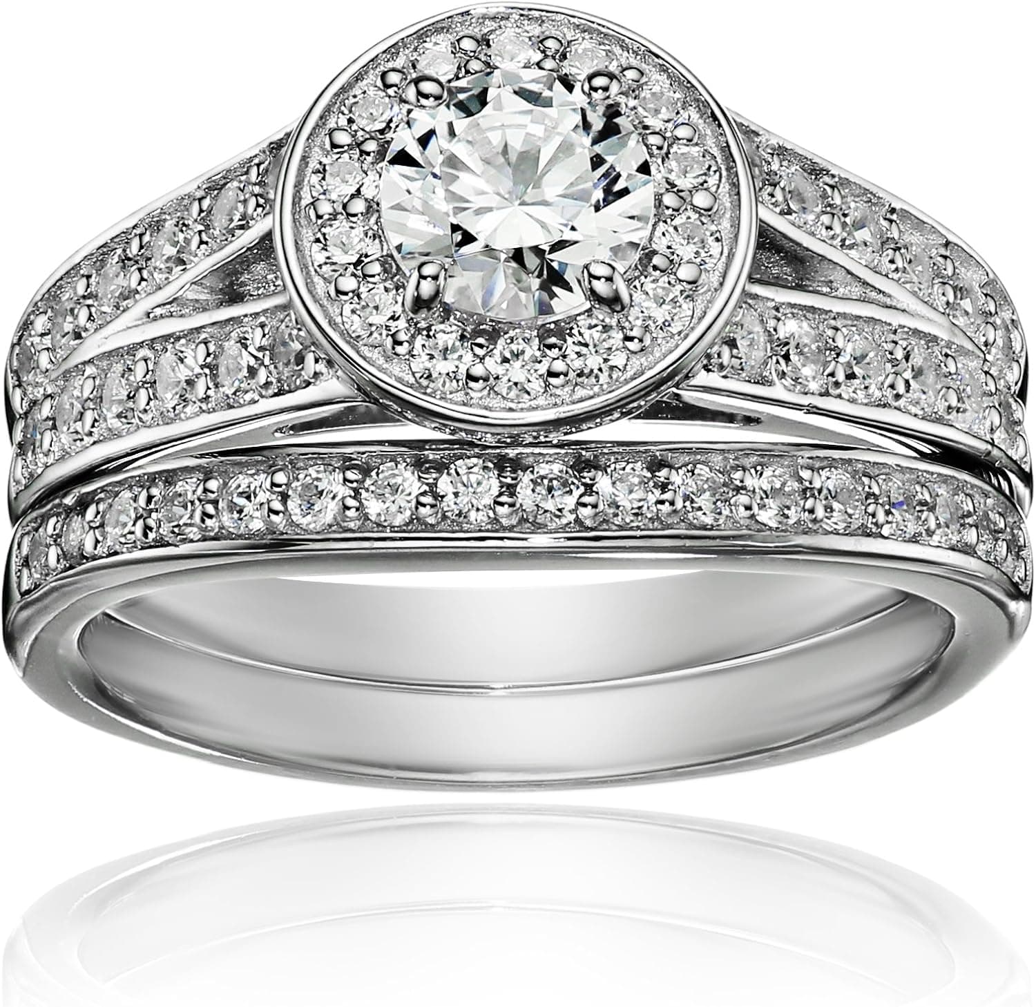 Amazon Collection Sterling Silver Platinum-Plated Swarovski Zirconia Halo Ring