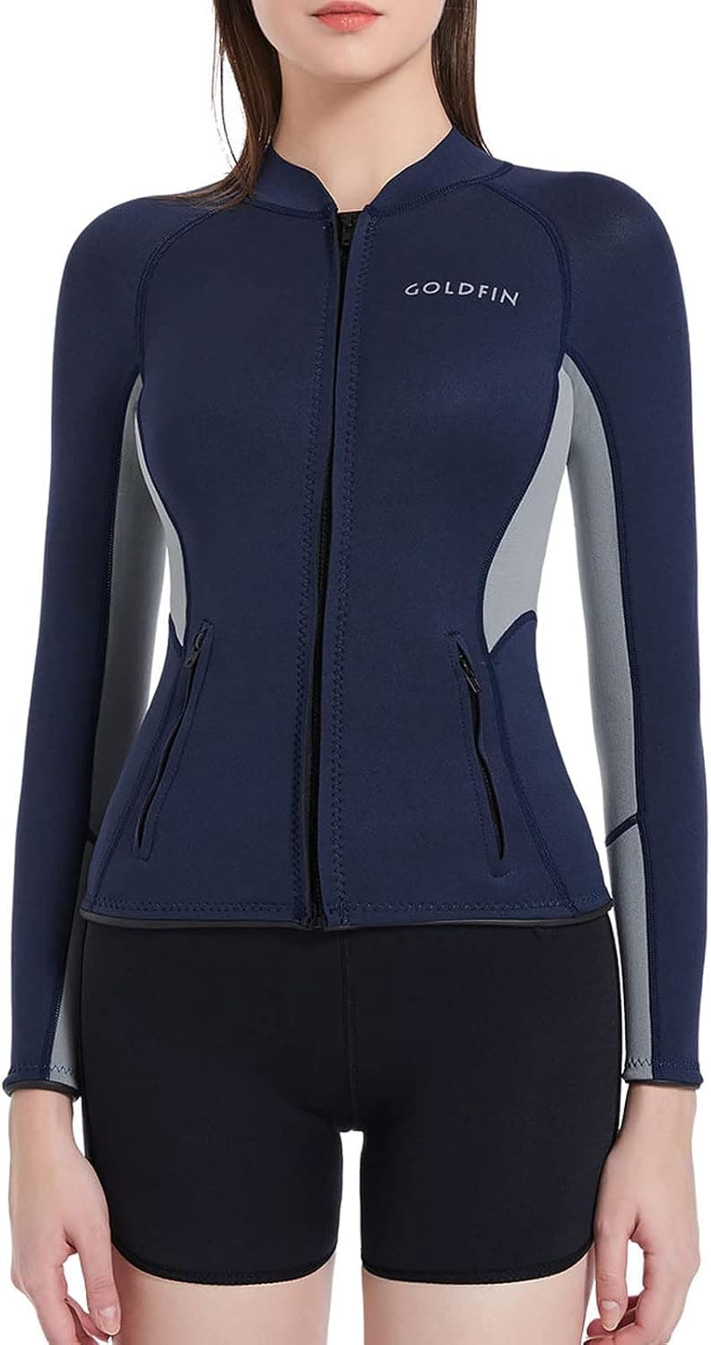 GoldFin Wetsuit Top Womens, 2mm Wetsuit Jacket Long Sleeve Neoprene Tops for Water Aerobics Diving Surfing Swimming
