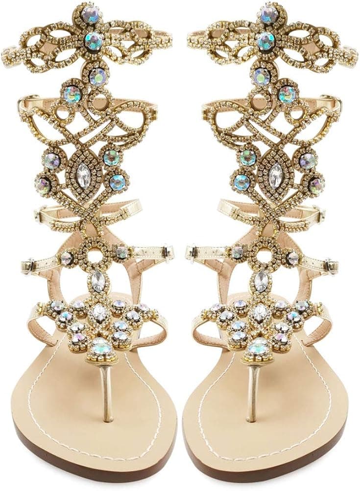 Hinyyrin Women's Rhinestone Sandals Gold Silver Gladiator Sandals Summer Flat Dress Sandals Beach Wedding Banquet