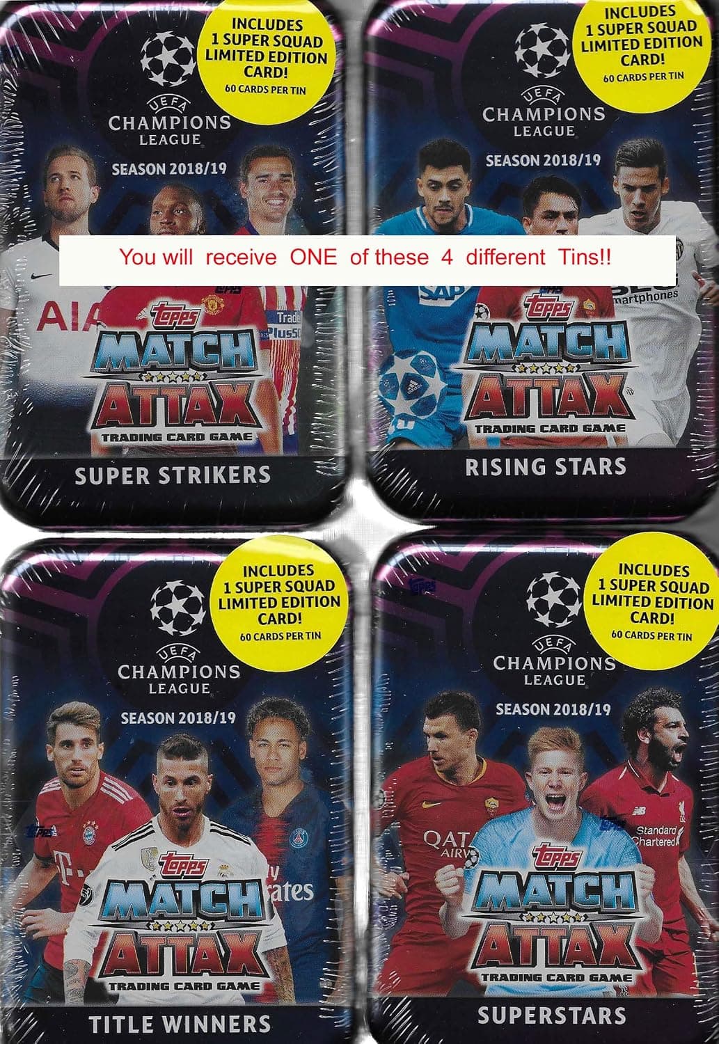 Match Attax 2018 2019 Topps UEFA Champions League Card Game MEGA Collectors Tin with 60 Cards Including a Limited Edition Super Squad Card and 15 Exclusive Insert Cards