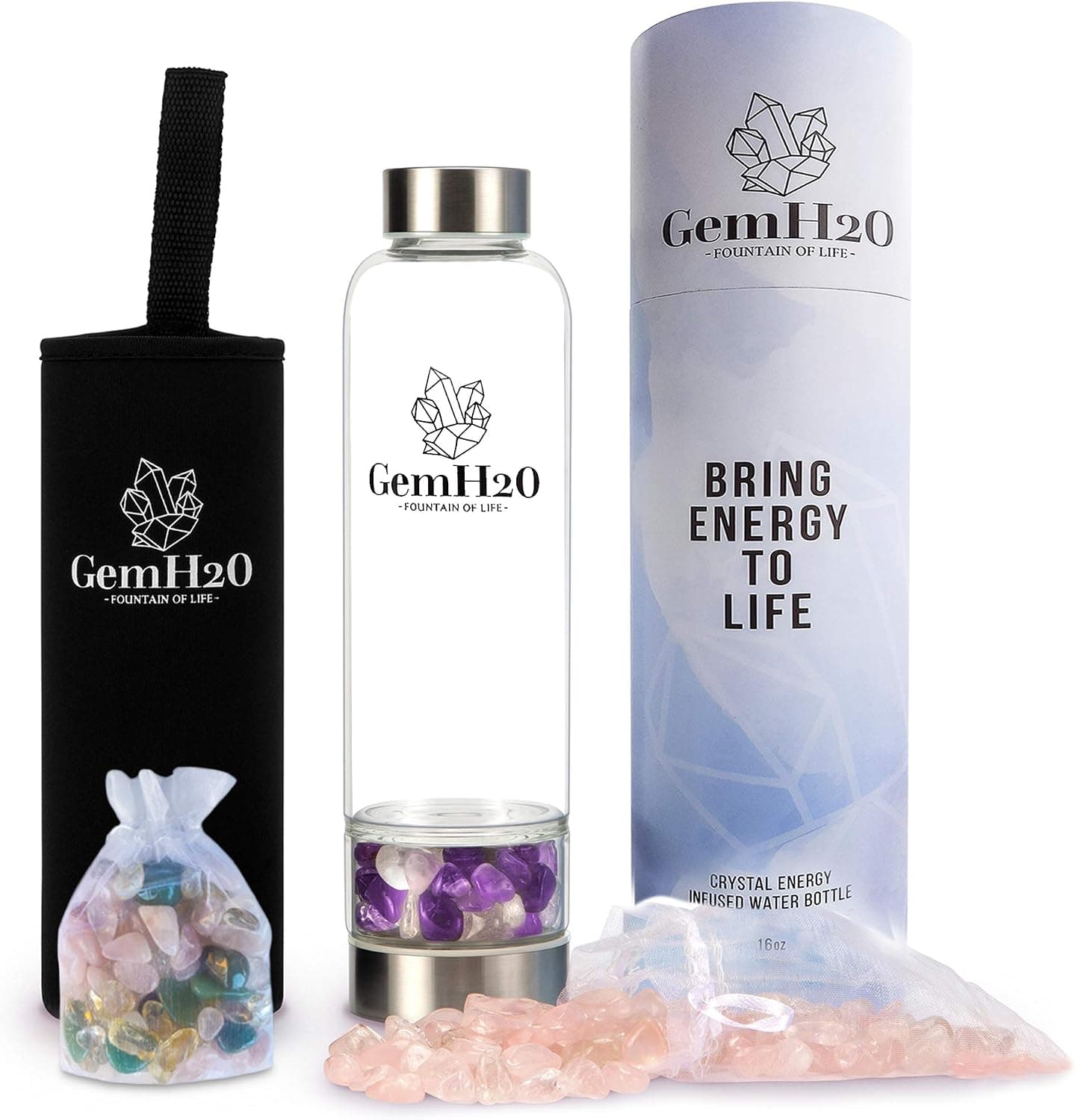 Crystal Elixir Water Bottle - GemH2O (Amethyst + Rose Quartz + Clear Quartz + Immune Boost)