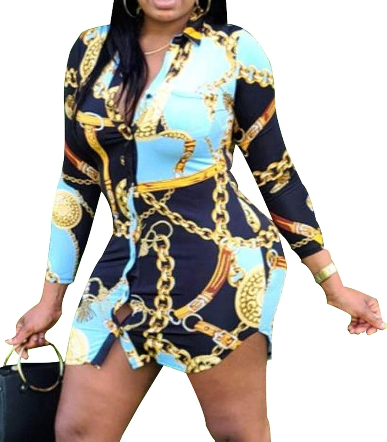 Women's Sexy Floral Blouses Loose Long Sleeve Button Down Tops Collar Shirts Dress