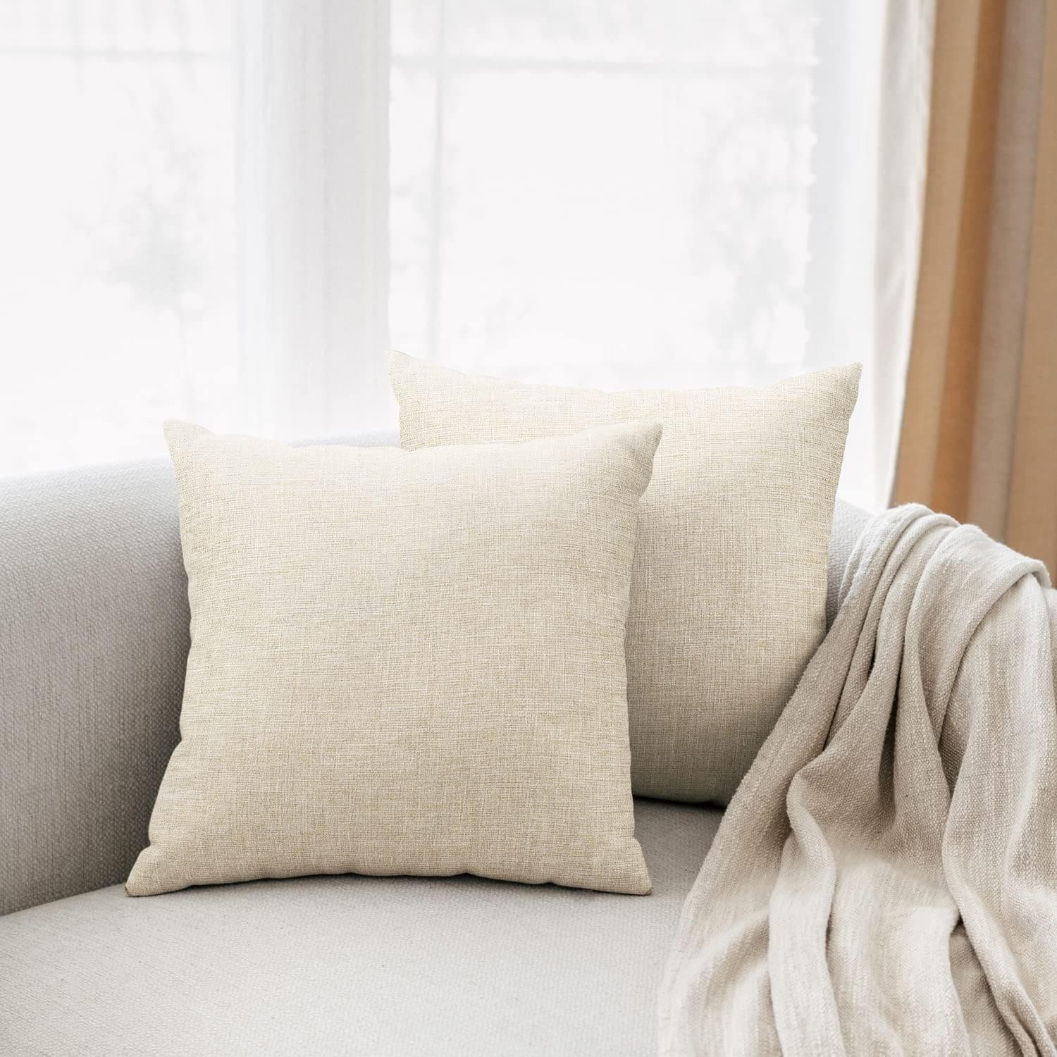 All Smiles Beige Linen Throw Pillow Covers 20x20 Set of 2 Neutral Khaki Decorative Farmhouse Décor Burlap Cushion Cases Home Natural Decorations Indoor Outdoor for Bed Sofa Couch Patio