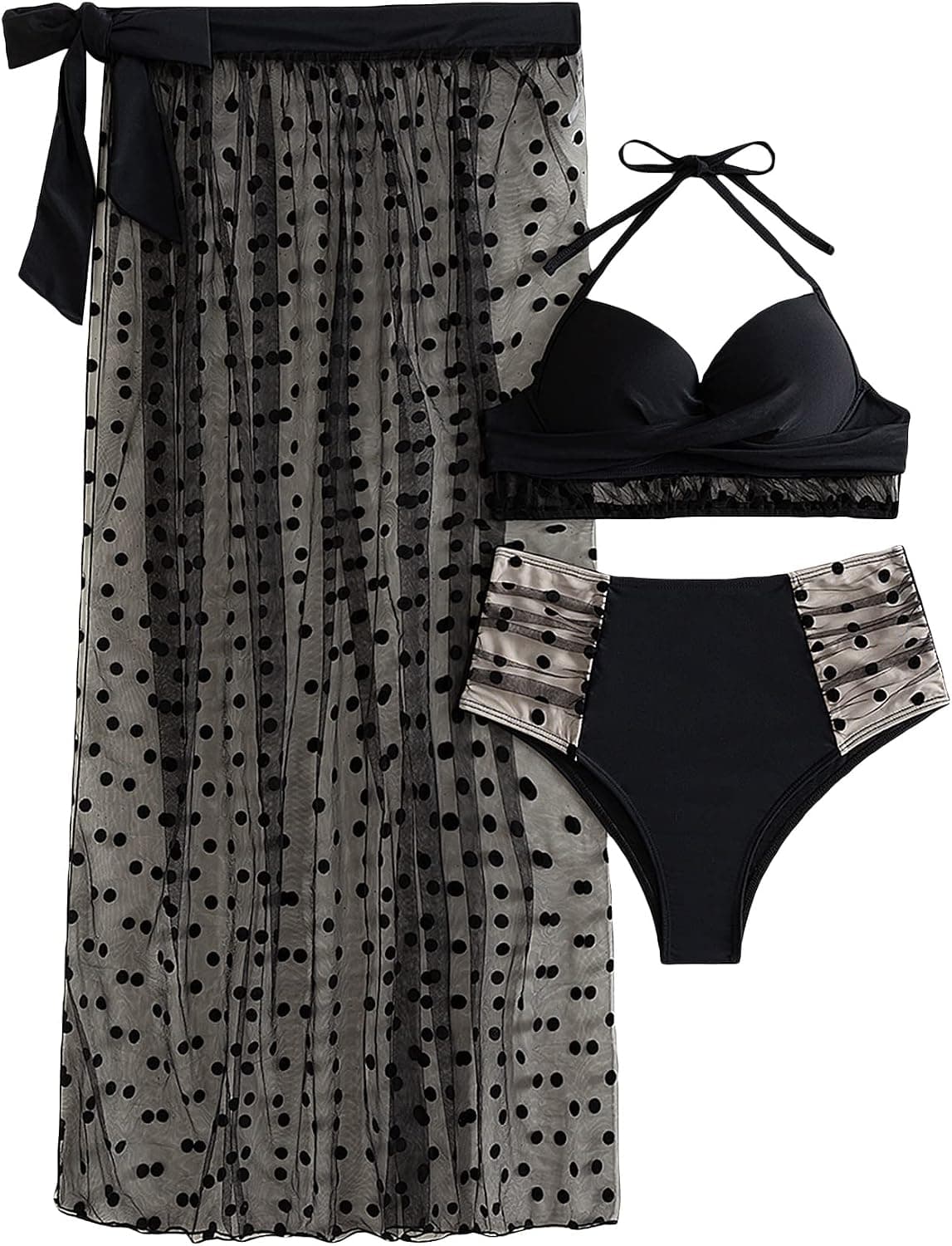Verdusa Women's 3 Pack Polka Dots Mesh Push Up Bikini Swimsuit and Beach Skirt