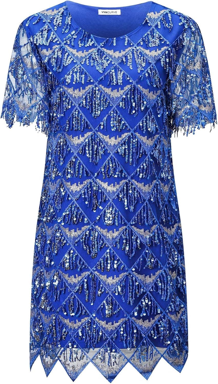 VVMCURVE Women's Sequin Fringe 1920 Short Prom Dress Sequins Art Deco Cocktail Gatsby Party Dress with Short Sleeve