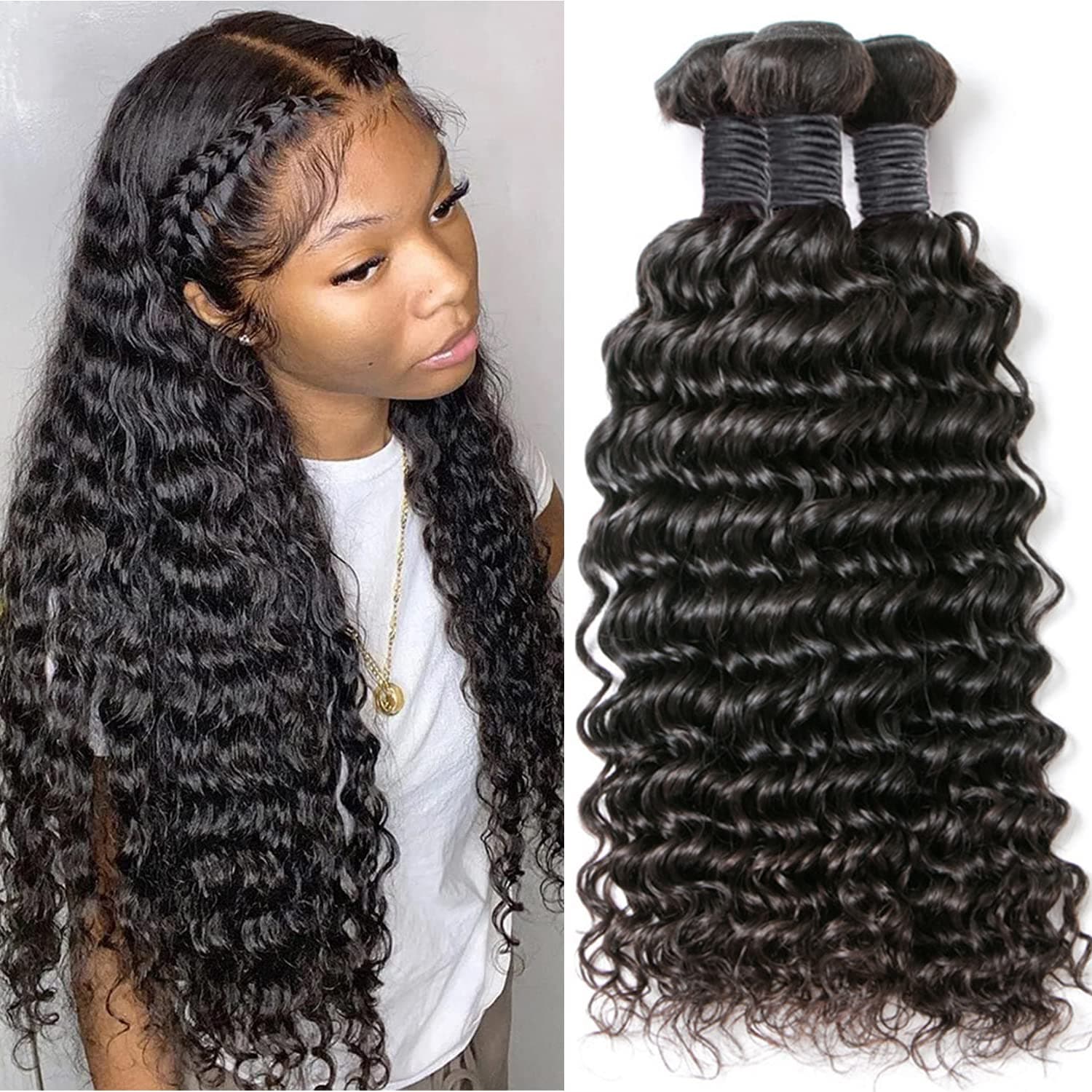 Deep Wave Human Hair 3 Bundles Brazilian Virgin Hair Weave Bundles Deep Curly 12A Grade Unprocessed Hair Extensions Natural Black 10 12 14 inch 100g/pc