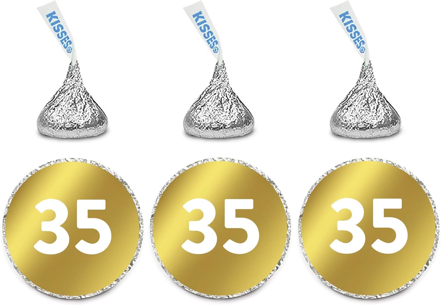 Andaz Press Personalized Chocolate Drop Labels Trio, Metallic Gold Ink, Milestone Birthday or Anniversary, 216-Pack, Fits Kisses, 60th 65th 70th Custom Made Any Number, Not Gold Foil