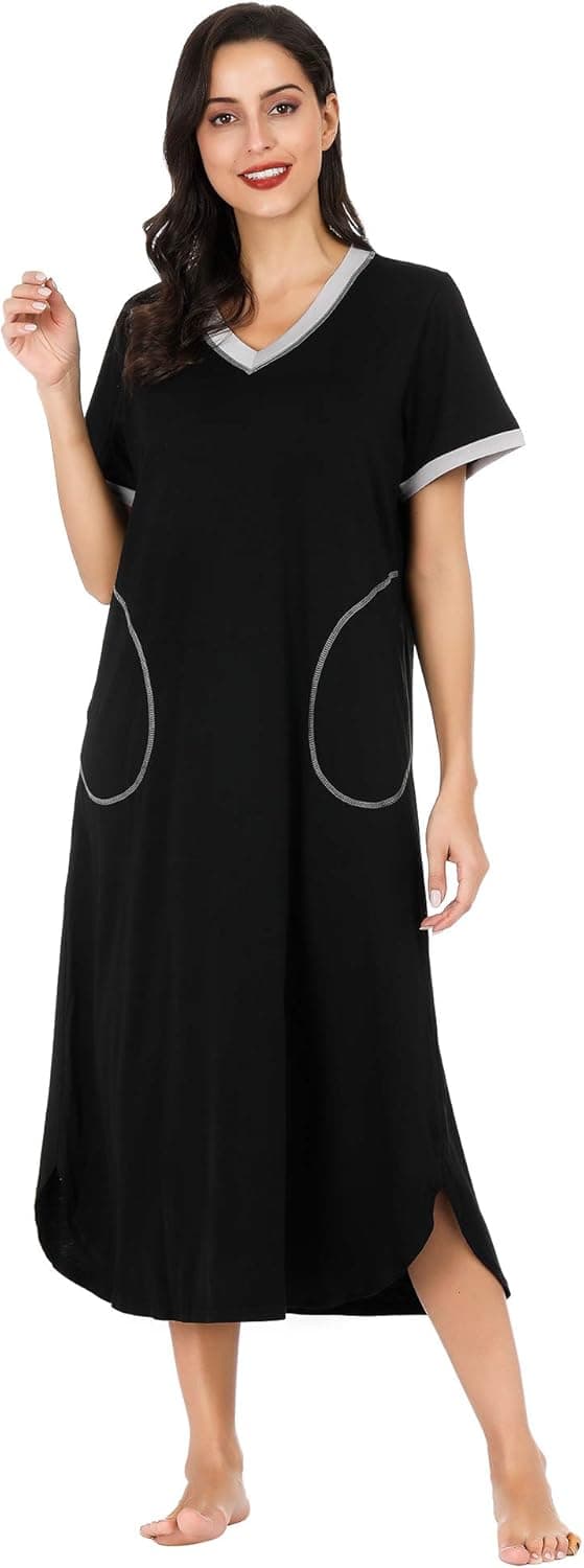 FINWANLO Long Nightgown Women's Loungewear Short Sleeve Nightshirt Full Length Sleepwear with Pocket Black