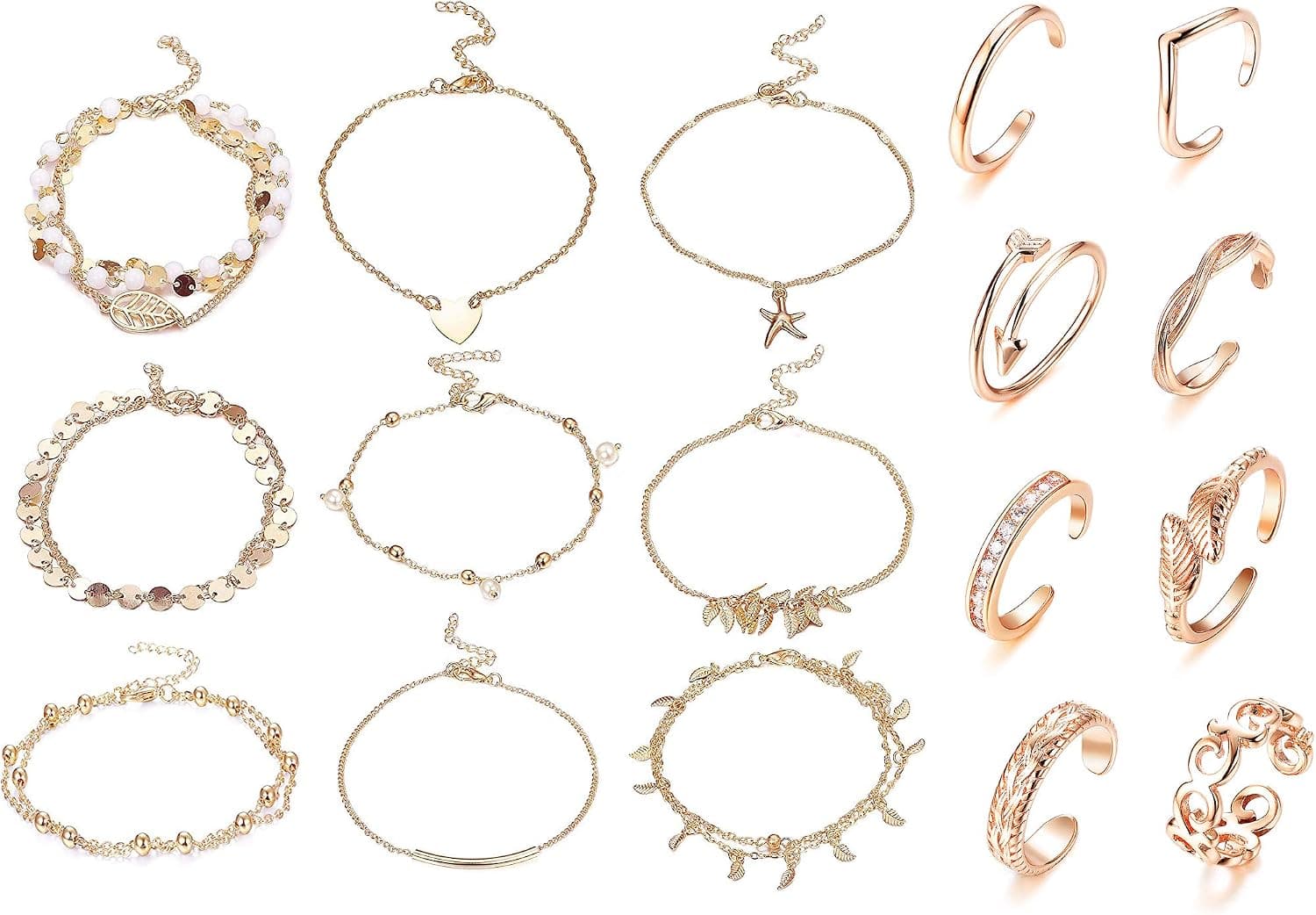 FINREZIO 17 Pcs Rose Gold Ankle Bracelet Toe Ring Set for Women Beach Chain Anklets Open Tail Band Rings Foot Jewelry Set