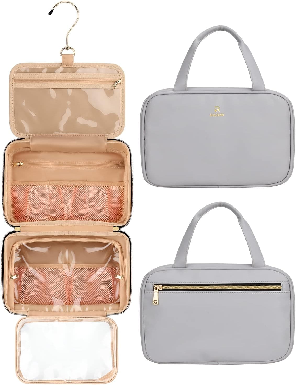 Relavel Large Hanging Toiletry Bag Travel Bag with Hanging Hook，Travel Cosmetic Storage Bag, Transparent Cosmetic Bag, Suitable for Full-size Toiletries（Grey）