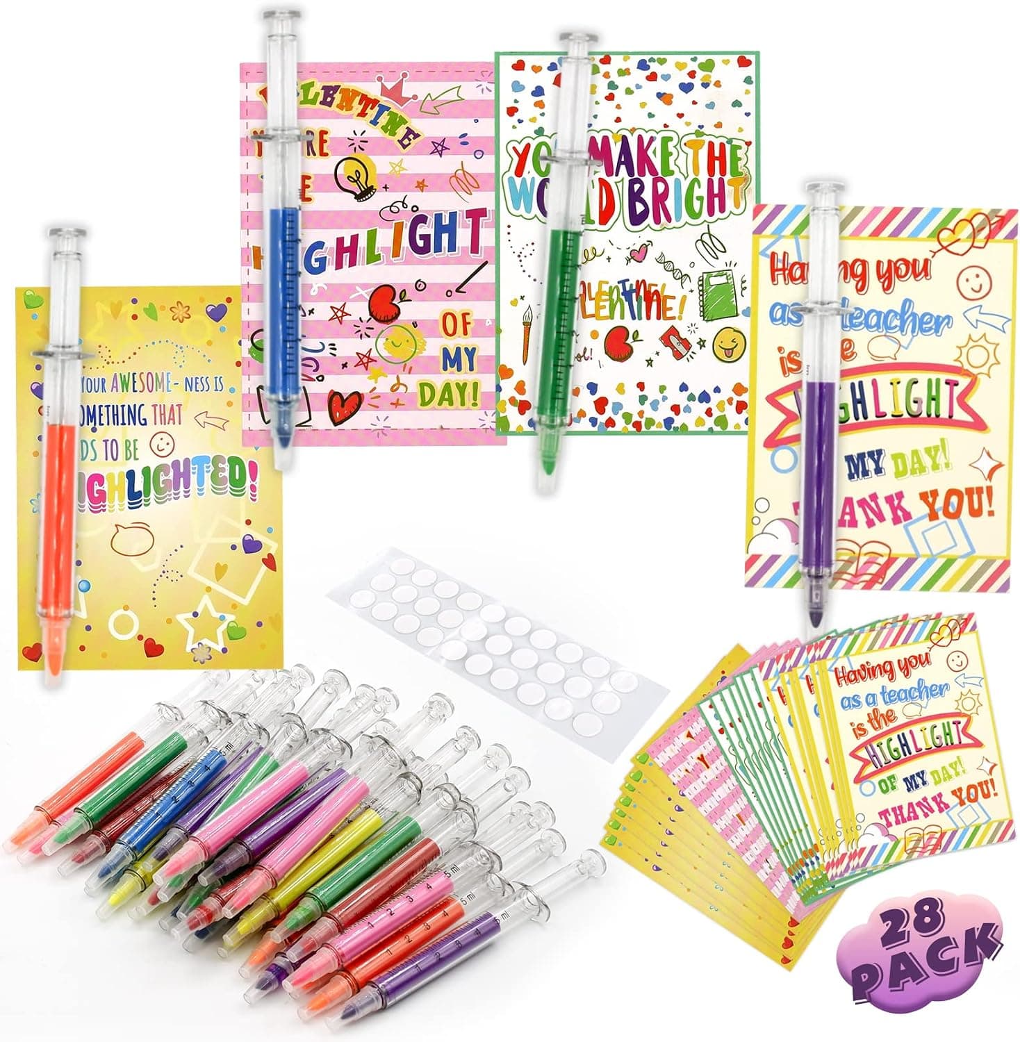 Valentines Cards for Kids Classroom - 28 Valentines Cards with 28 Watercolor Pen for Kids Valentines Day Gifts, Valentines Day Cards for Girls Boys School Exchange Greeting Cards Party Favor Toys