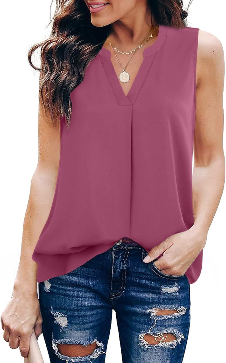 Timeson Women's Chiffon V Neck Sleeveless Blouse Tops Office Work Shirts