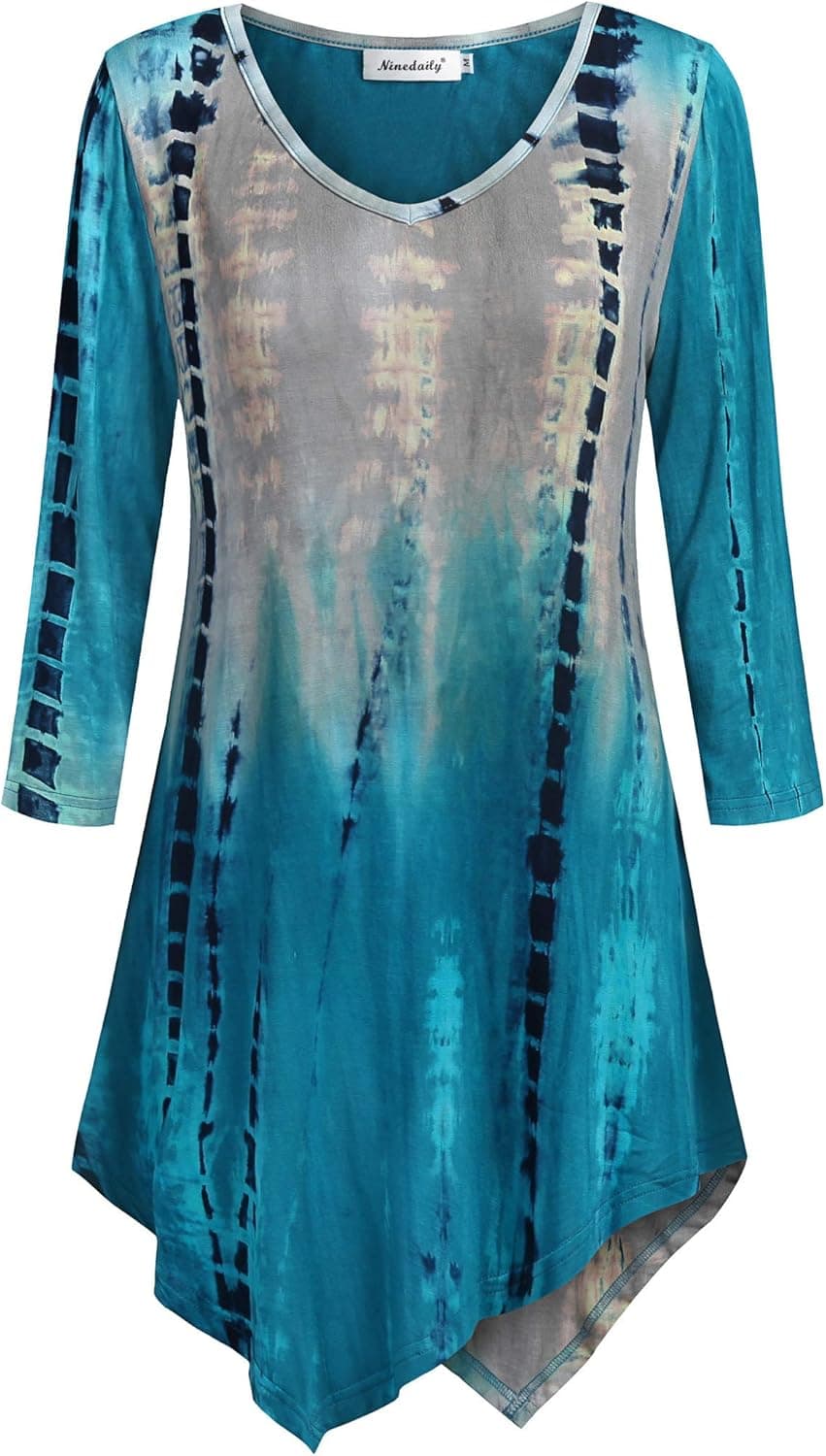 Ninedaily Tie Dye Tunic 3/4 Sleeve V Neck Asymmetrical Womens Dressy Blouse Tops
