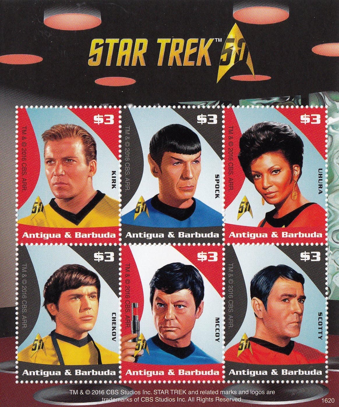 Star Trek 50th Anniversary Spock, Captain Kirk, Scotty, Uhura, Chekov, Doctor Leonard “Bones” McCoy - Collectible Postage Stamps
