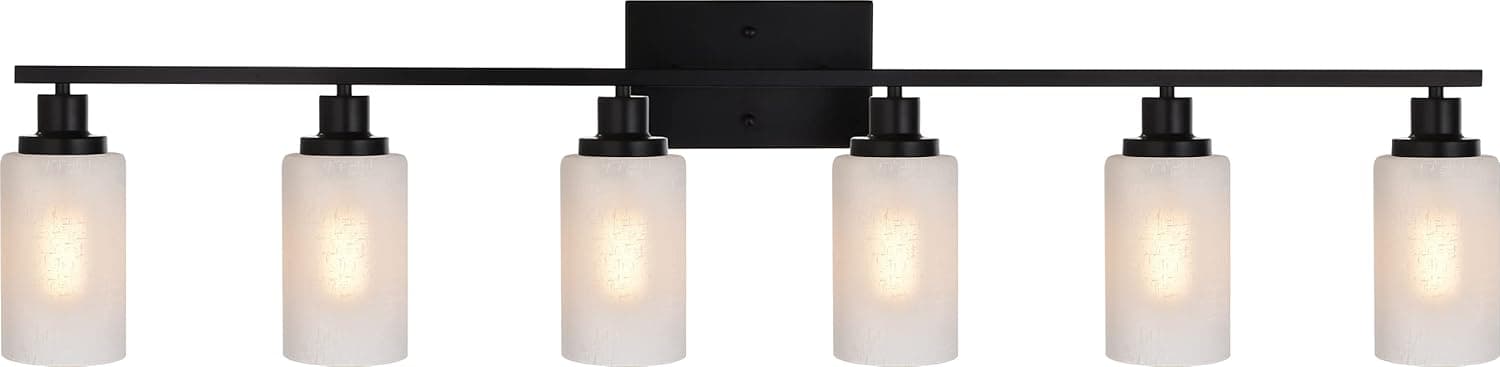 MELUCEE Bathroom Lighting Fixtures Over Mirror 6 Lights Matte Black Finish with White Linen Glass Shade, Indoor Wall Mount Lamp Modern Vanity Light for Bath Living Room Hallway