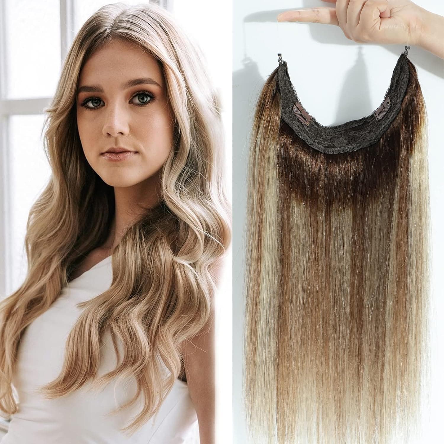 Ugrace Hair Wire Hair Extensions Real Human Hair Balayage Light Brown to Ash Brown and Bleach Blonde 12 inch 65g Transparent Invisible Fish Line Straight Clip in Human Hair Extensions for Women