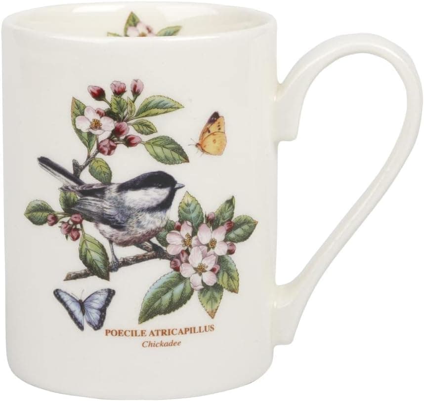 Portmeirion Botanic Garden Birds Collection Coffee Mug | 12 Ounce | Chickadee Motif | Fine Earthenware | Large Latte Mug with Handle | Dishwasher, Microwave, Freezer and Oven Safe