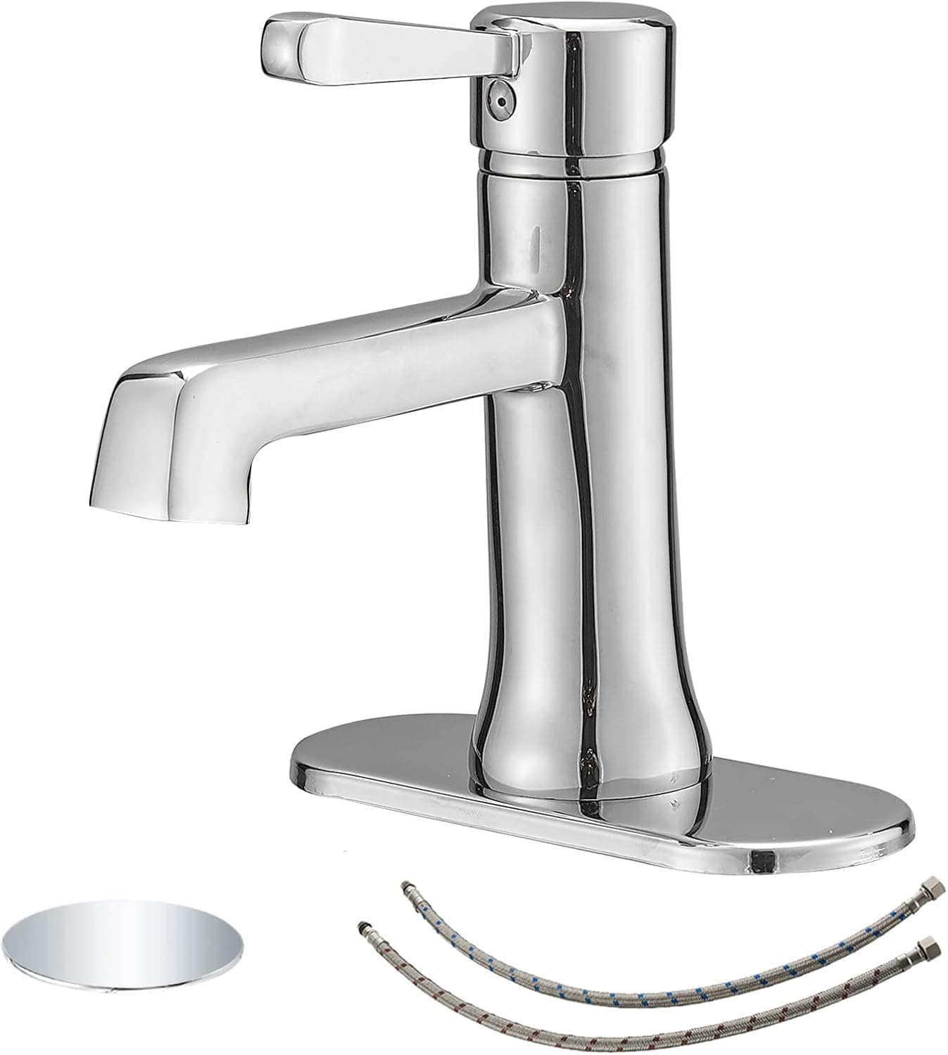 BWE Bathroom Sink Faucet Chrome for Sink 1 Hole Single Handle with Pop Up Drain Stopper with Overflow and Supply Lines Restroom Vanity RV Sink Lavatory Basin Bathroom Faucet Commercial Mixer Tap