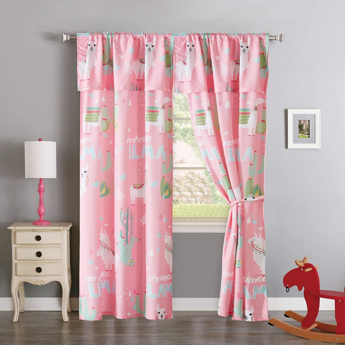 Golden Quality Bedding 5 Pieces Printed Window Curtain Panel with Attached Valance and Tie Back, Teens Kids Girls Printed Multi Color Pink, White Llama # 19-06 (Curtain)