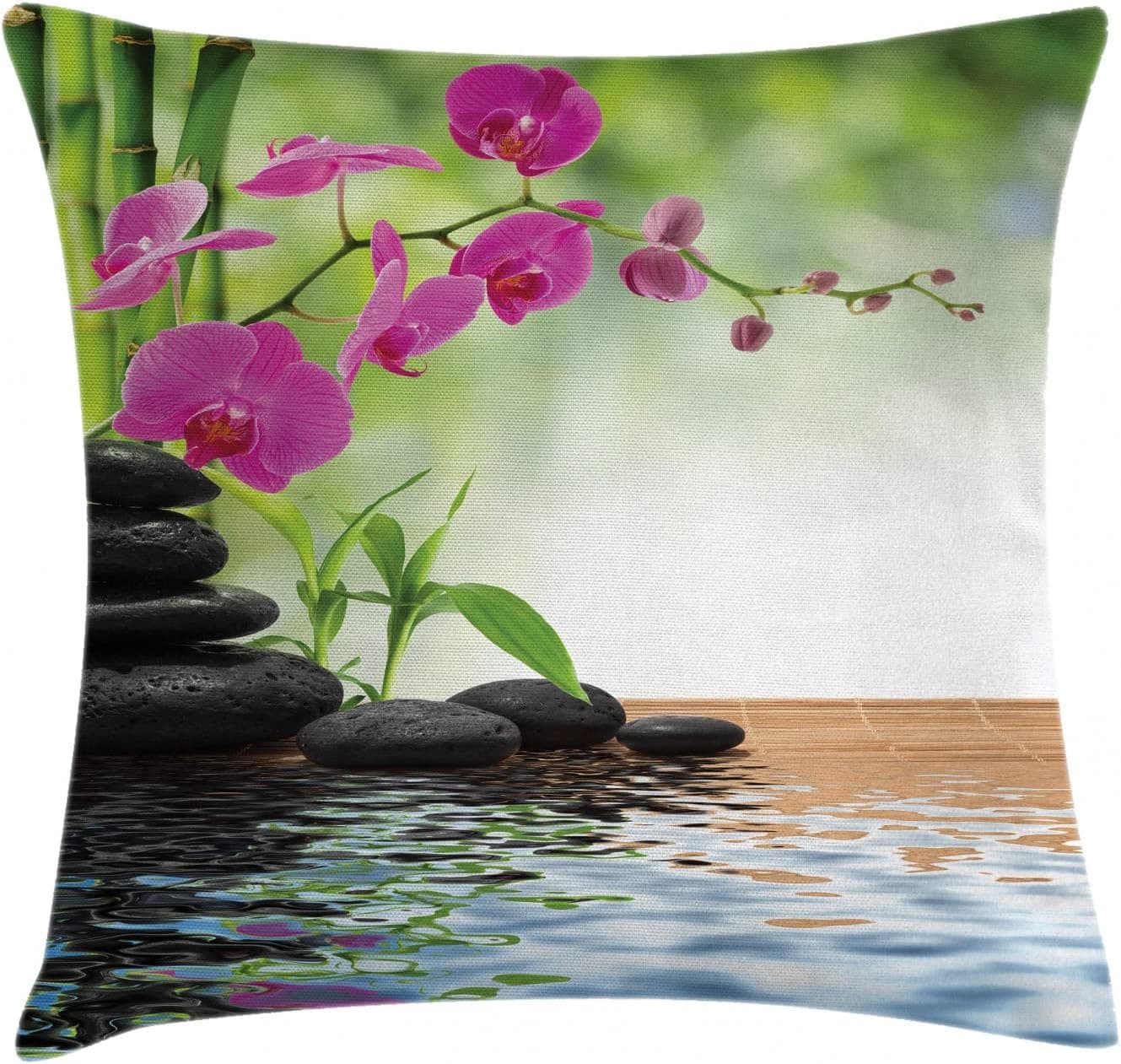 Ambesonne Spa Throw Pillow Cushion Cover, Composition Bamboo Tree Floor Mat Orchid Stones Wellness Greenery, Decorative Square Accent Pillow Case, 16" X 16", Green Dimgray