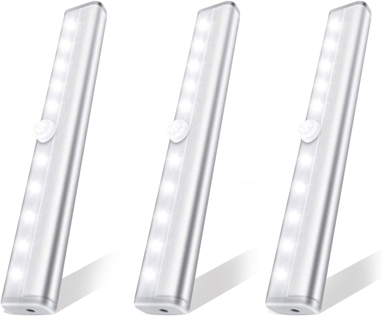 FOROUREYES LED Under Cabinet Light Cold White LED PIR Motion Sensor Lamp 10 LEDs Lighting for Wardrobe Cupboard Closet Kitchen Night Light（3 Pack）