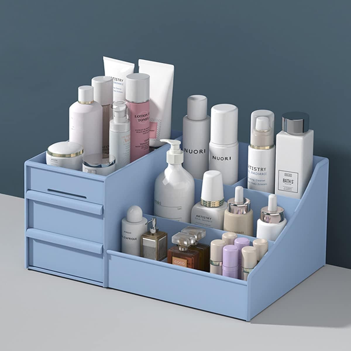 Laynos Makeup Organizer Jewelry and Cosmetic Storage,Large Capacity,Fit Different Size of Cosmetic,Brushes,Palettes,Lipsticks,2 Drawer 7 Compartment Blue