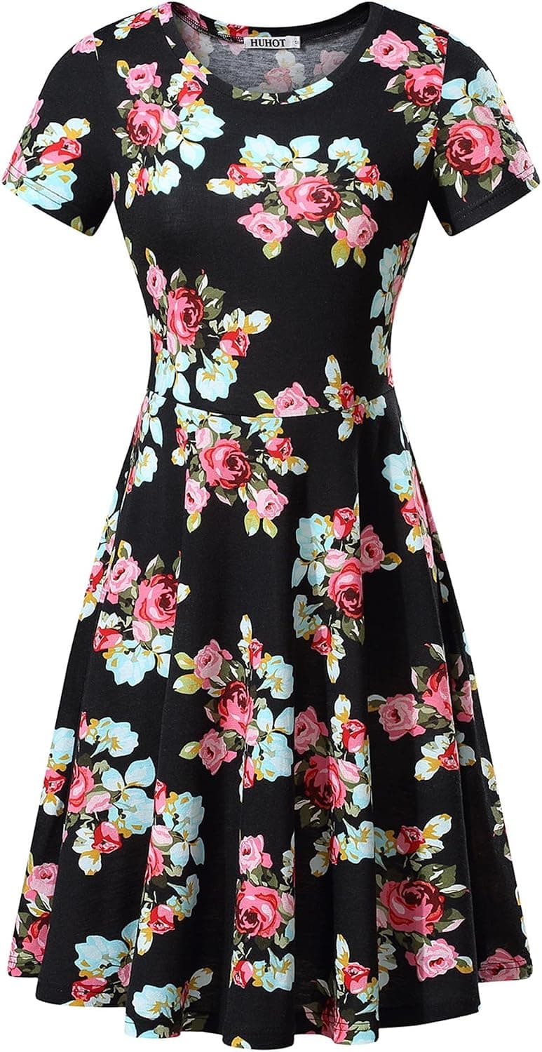 HUHOT Women Short Sleeve Round Neck Summer Casual Flared Midi Dress (X-Small, Red Peony)