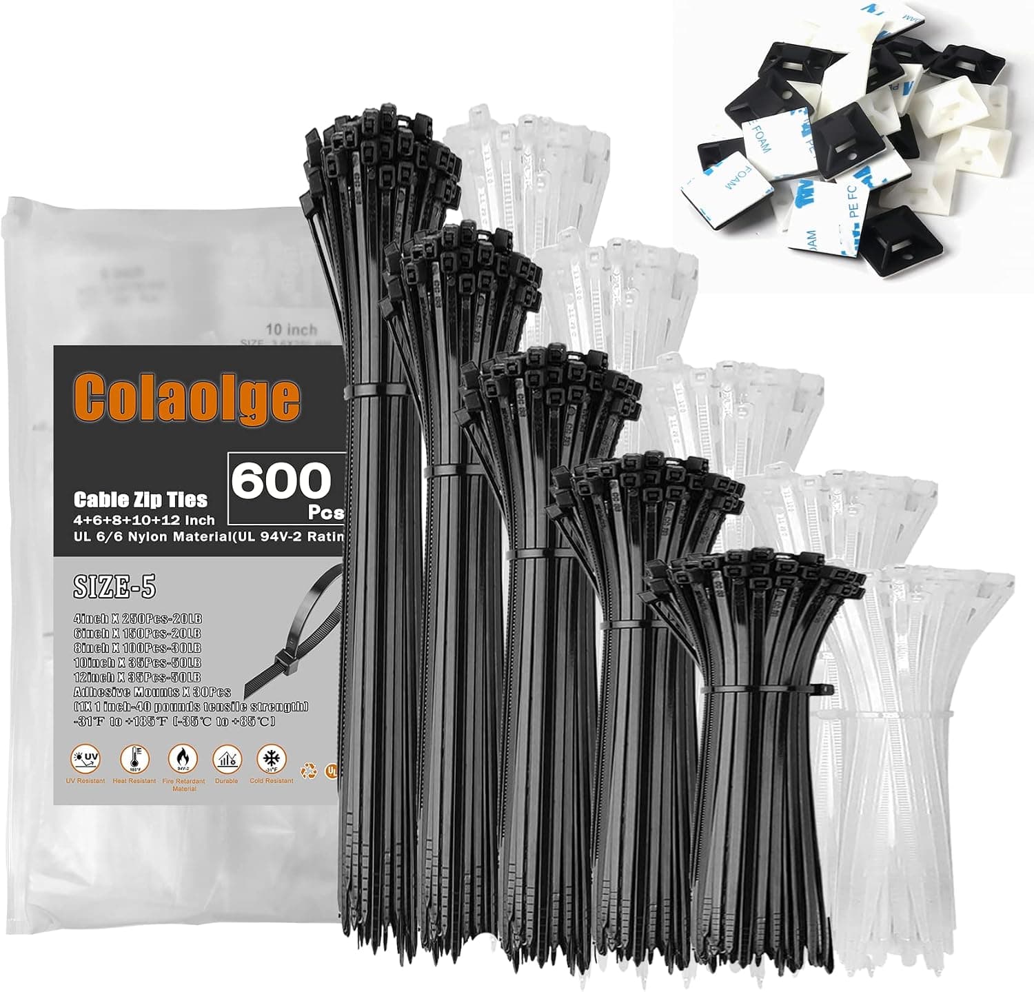 Zip Wire Ties 600Pcs Small Cable Zip Ties with Cable Mounts Nylon Zip Cable Ties Assorted Sizes 4+6+8+10+12 Inch, Self-Locking Tie Wraps Perfect for Home Garden Trellis Office Garage Workshop