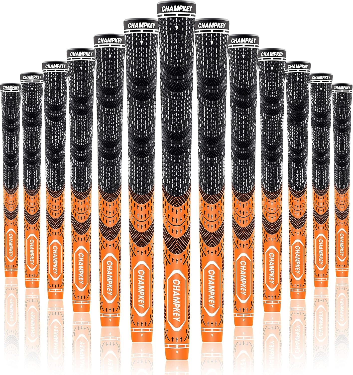 Champkey MCS Golf Grips Set of 13 (5 Oz Solvent,Blade,15 Tapes & Vise Clamp Available)-Choose Between 13 Grips & All Repair Kits and 13 Grips & 15 Tapes(Orange/Black，M)