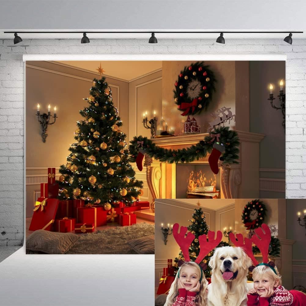 RUINI Christmas Tree Theme Xmas Stove and Sock Fireplace Gift Blanket Pillow Background Xmas Party Photograhy Backdrop 7x5FT
