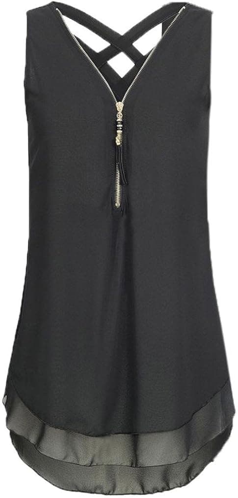 NREALY Chiffon Women Loose Sleeveless Tank Top Cross Back Hem Layed Zipper V-Neck T Shirts Tops