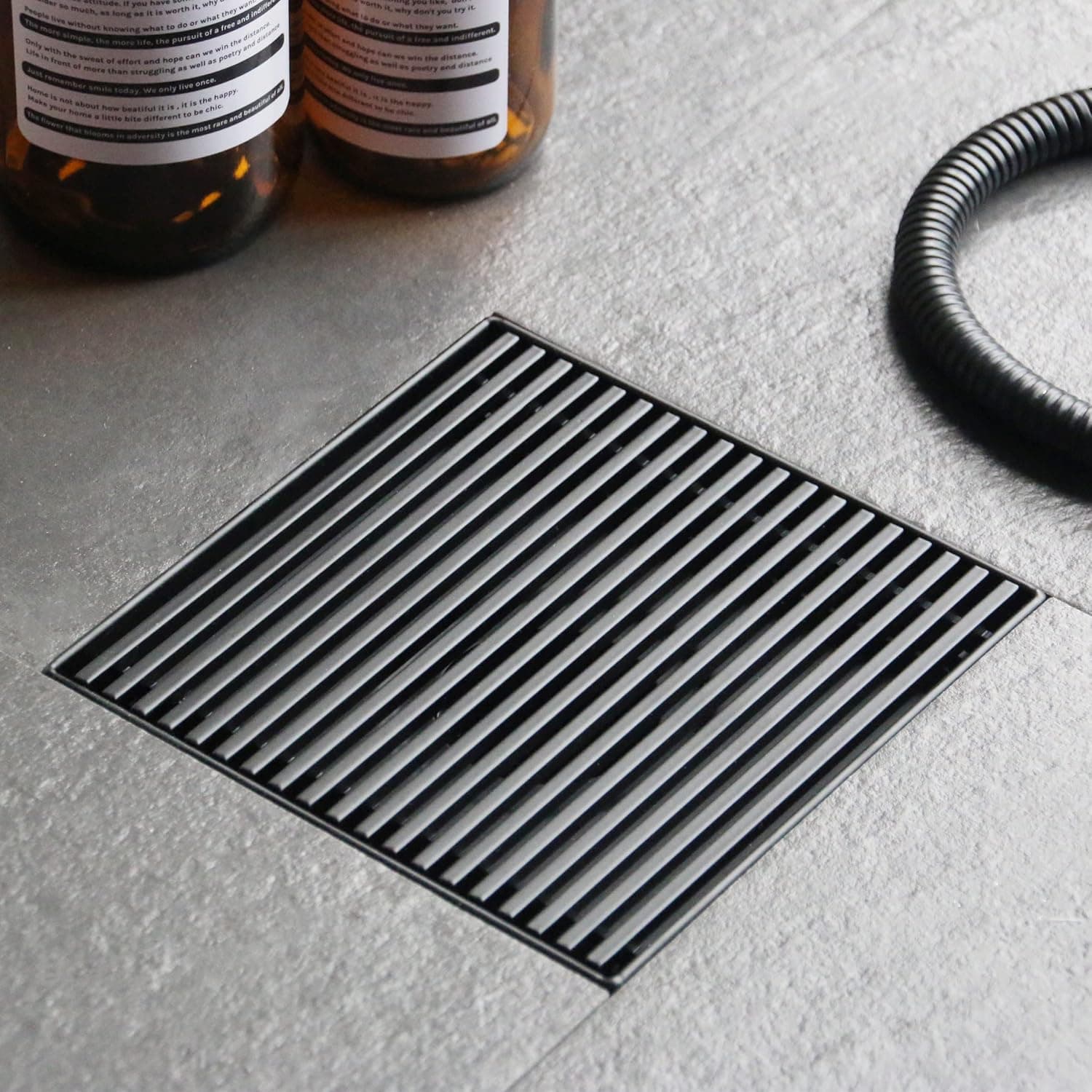Sharpeye 6 Inch Square Shower Drain with Removable Bars Pattern Grate, Matte Black Finished 304 Stainless Steel Shower Floor Drain, with Watermark, CUPC Certified,Includes Hair Trap/Strainer