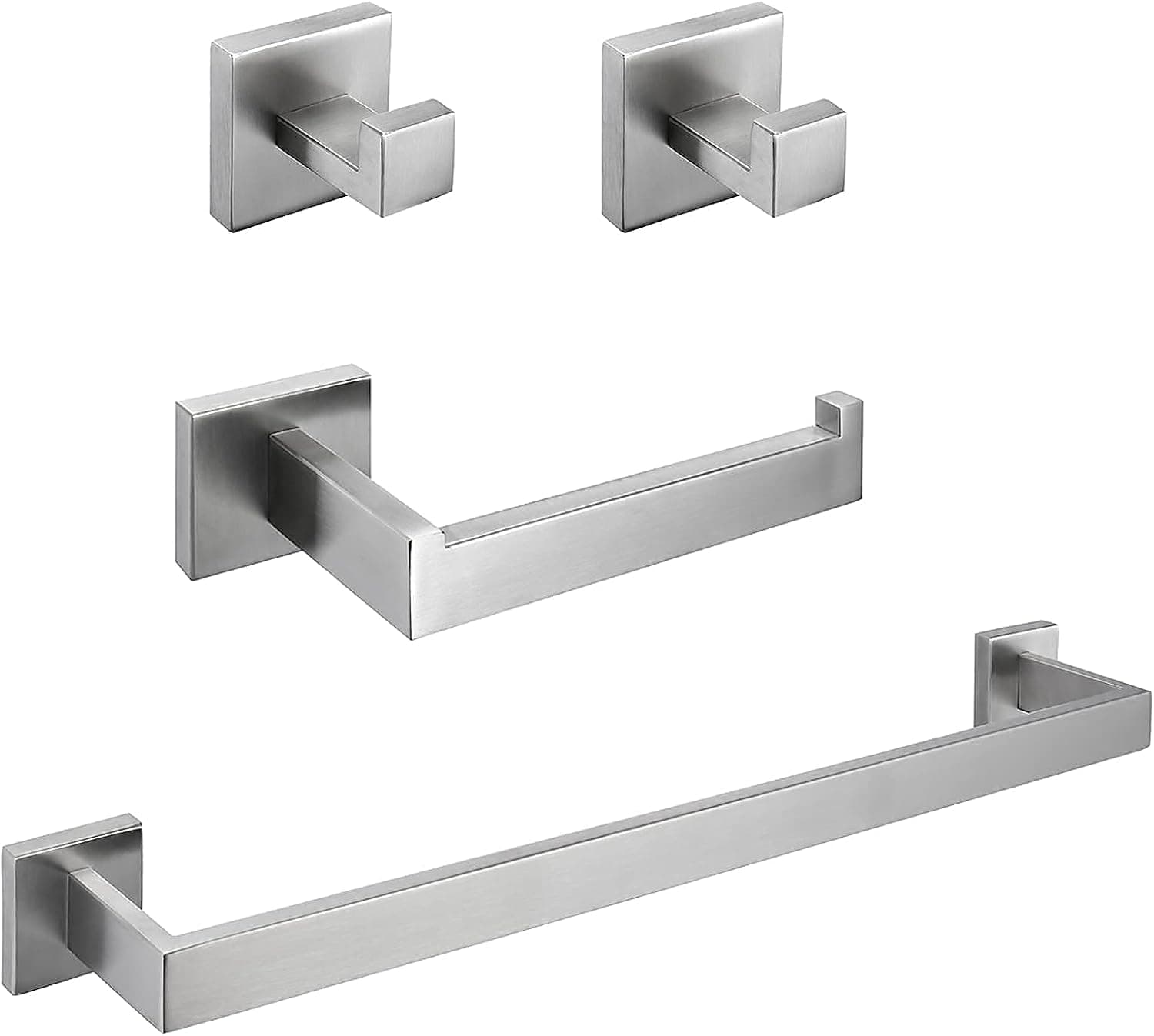 Brushed Nickel Bathroom Hardware Set 4 Pieces SUS304 Stainless Steel Square Wall Mounted Set Including Towel Bar,Toilet Paper Holder, Robe Towel Hooks,Bathroom Accessories Kit