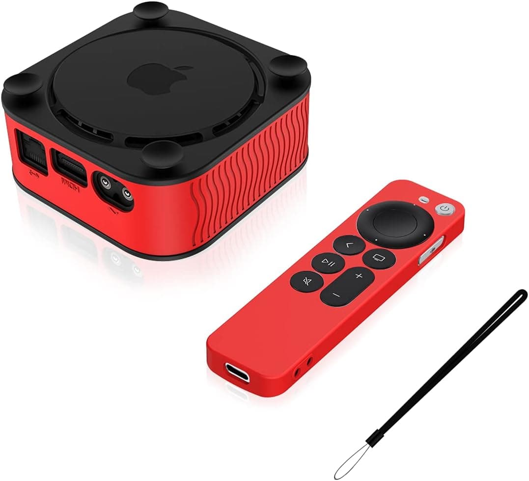 Woocon Upgrade Soft Silicone Cover for Apple TV 4K 2021 and Apple Siri Remote(2nd Gen) Case, Light Weight/Anti Slip/Shock Proof/Full Body Protective Apple TV Mount Cover with Strap Lanyard(Red)