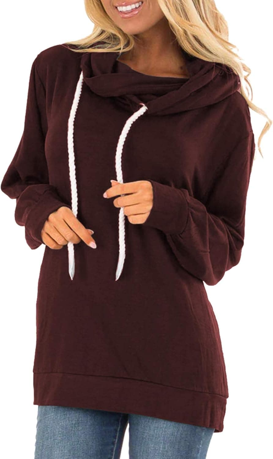 Malaven Women's Cowl Neck Leopard/Plaid/Solid Printed Patchwork Drawstring Pullover Sweatshirt Long Sleeve Tops