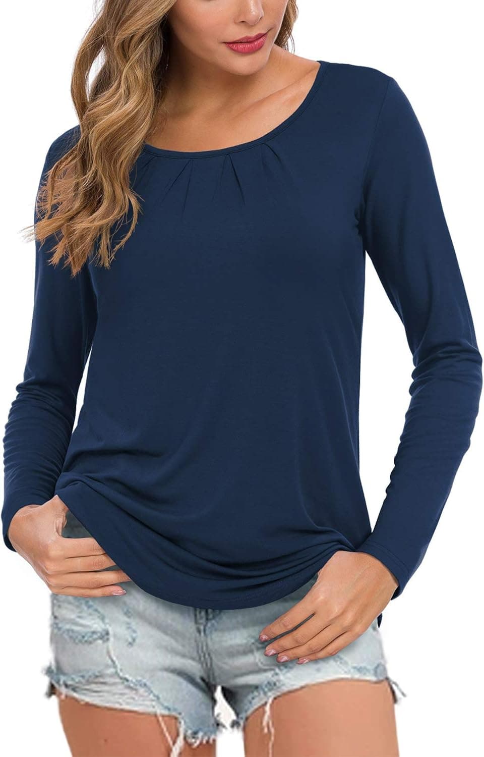 TASAMO Women Long Sleeve Tunic Tops Loose Basic Shirt(Large, Navy Blue)