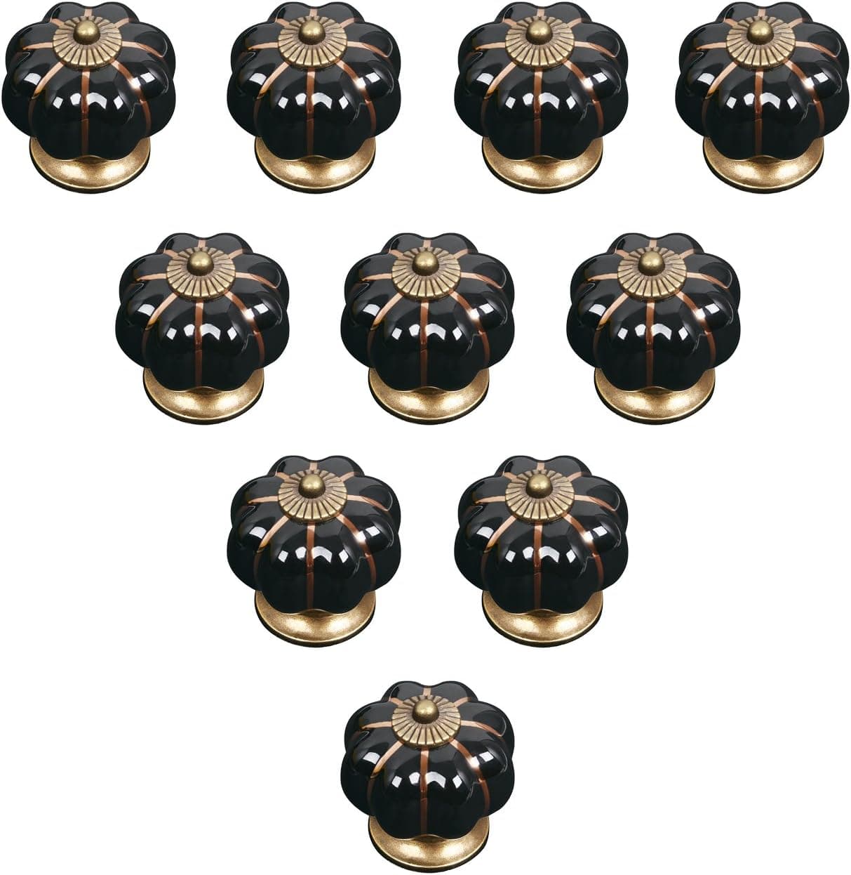 AIdemen Pumpkin Drawer Knobs 40mm Vintage Ceramic Knobs with Three Screws for Cabinet Kitchen Dresser Cupboard Bathroom Wardrobe (10 Pack, Black )