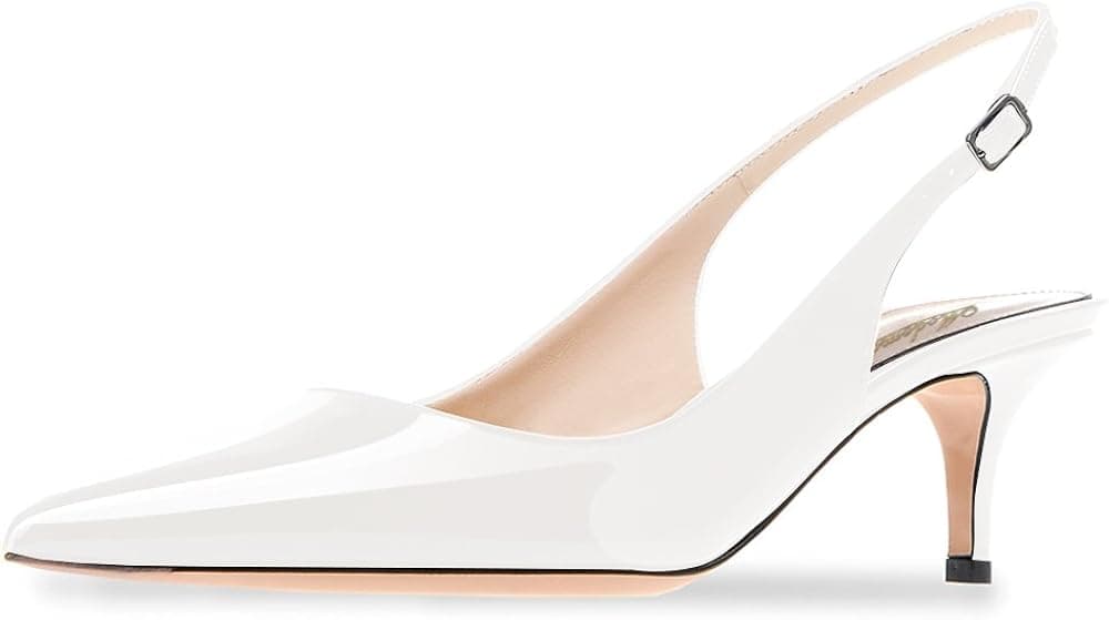 MODEMOVEN Women's White Patent Pointed Toe Slingback Kitten Heels Ladies Low Heel Ankle Strap Pumps Cute Evening Party Shoes 9 M US