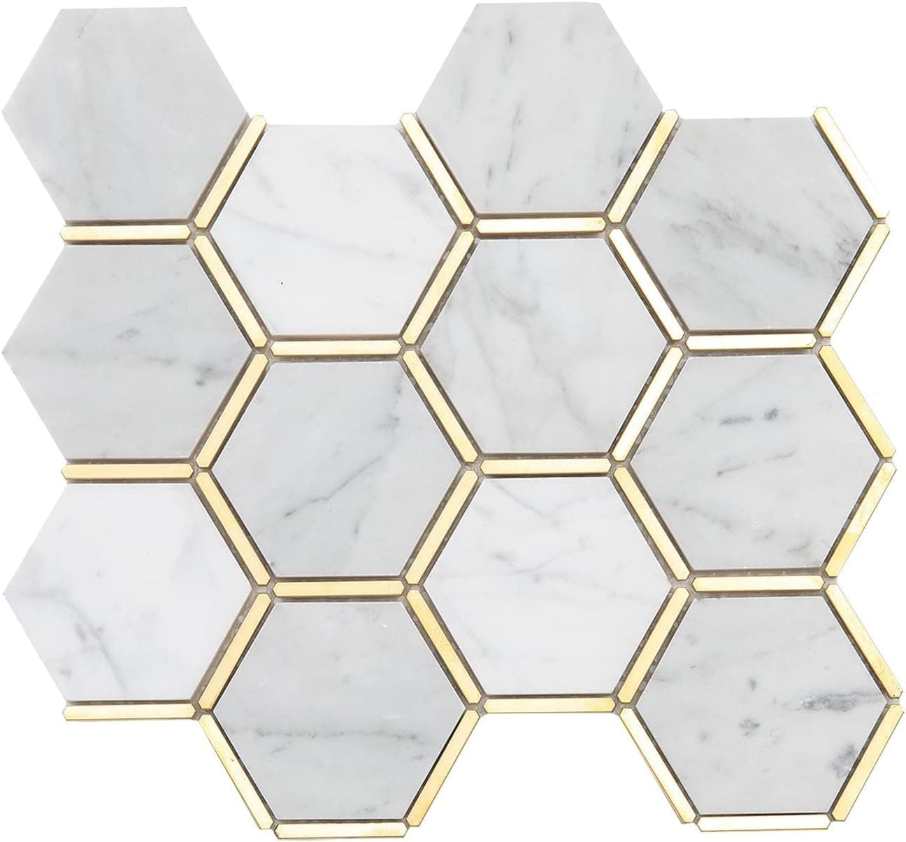 Lovdeco 3" Carrara Marble Stone Mosaic Tile 5 Sheets Shower Tiles, White Hexagon with Gold Metal Strips Marble for Bathroom and Kitchen