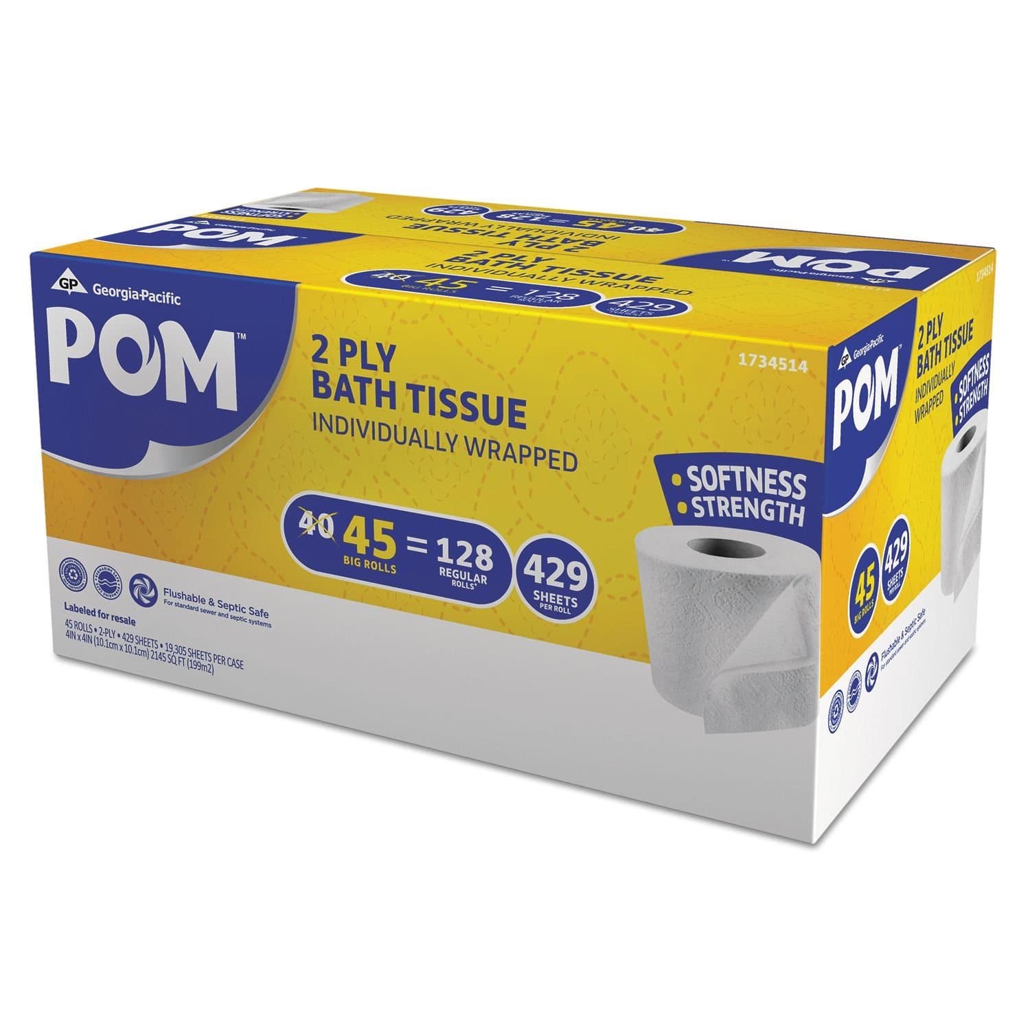POM Big Roll 2-Ply, White Bathroom Tissue (429 Sheets, 45/Carton) by MegaDeal