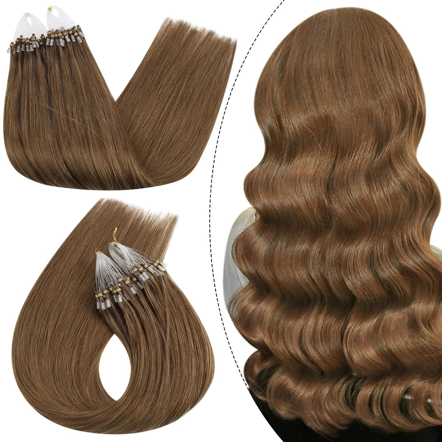 Ugeat Micro Link Human Hair Extensions 18Inch Micro Beads Hair Extensions Human Hair #8 Light Brown Micro Loop Human Hair Extensions 50Strands 50G Cold Fusion Remy Human Hair Extension
