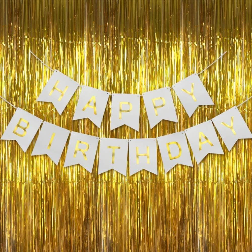 Happy Birthday Party Decorations Kit - Happy Birthday Banners and Gold Foil Fringe Curtain Party Photo Backdrop