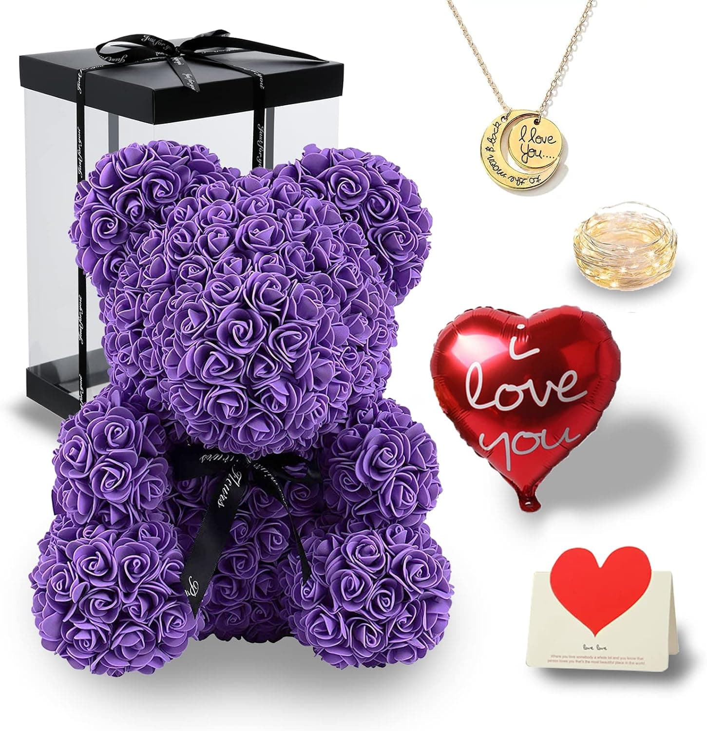 DUOSME Rose Bear 12 inch Flower Bear Rose Teddy Bear with Box Lights Necklace Balloon Card, Cute for Mom Wife Girlfriend Daughter & Romantic Birthday Anniversary Wedding Decor, Purple