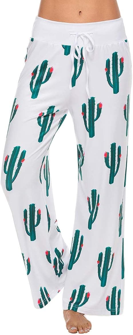 ezShe Women's Printed Pajama Lounge Pants Loose Palazzo Pj Wide Leg Sleepwear, Cactus M