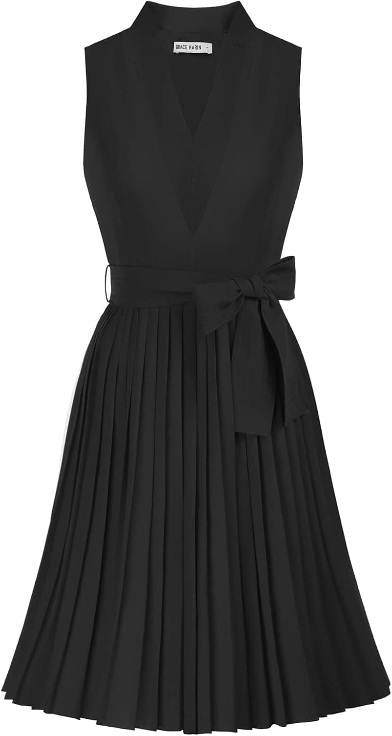 GRACE KARIN Women Elegant Pleated Swing Dress Solid Sleeveless V-Neck Work Dress