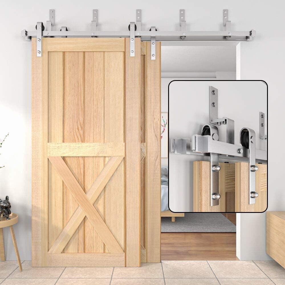 WINSOON 4FT-18FT Modern Sliding Bypass Barn Door Hardware 304 Stainless Steel Double Doors Kit Cabinet Closet System Silver (7.5FT Bypass Hardware Kit)