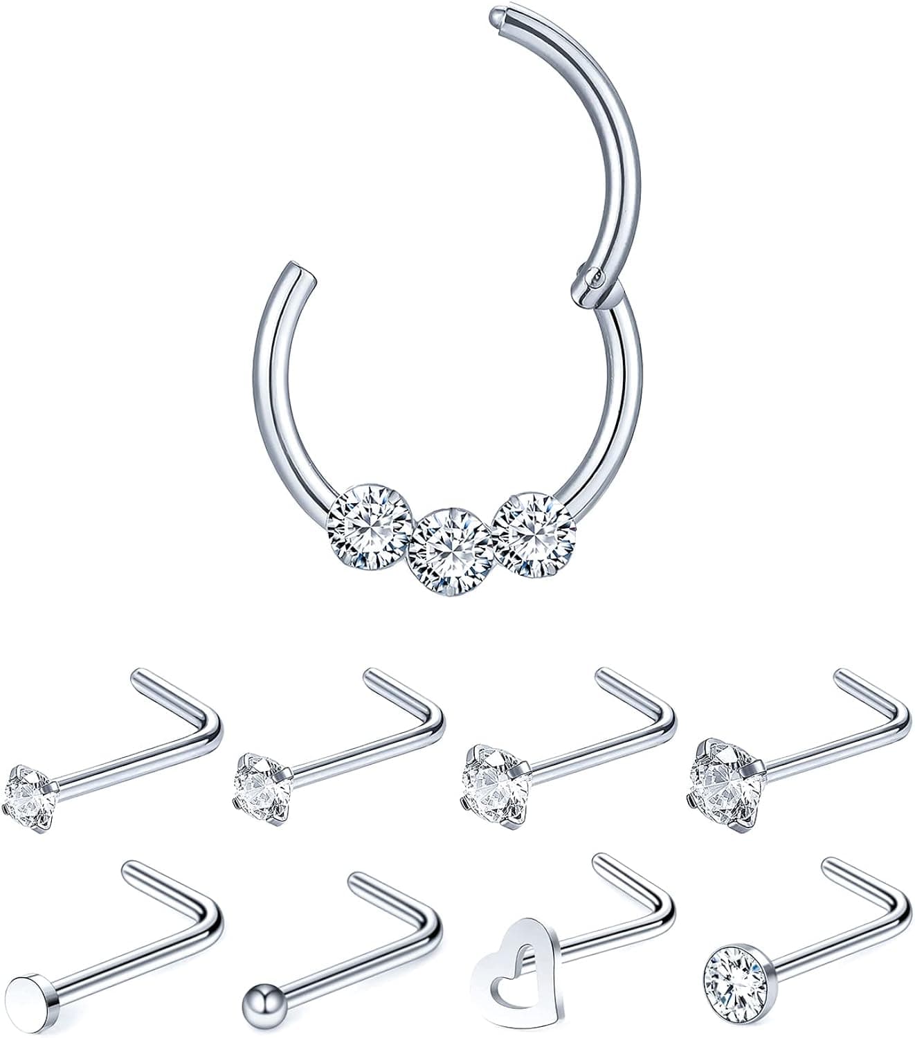 samsen Stainless Steel Nose Piercing Set with 1PCS 16G CZ Hinged Septum Clicker Nose Ring Hoop 8 PCS 20G L Shape Nose Studs